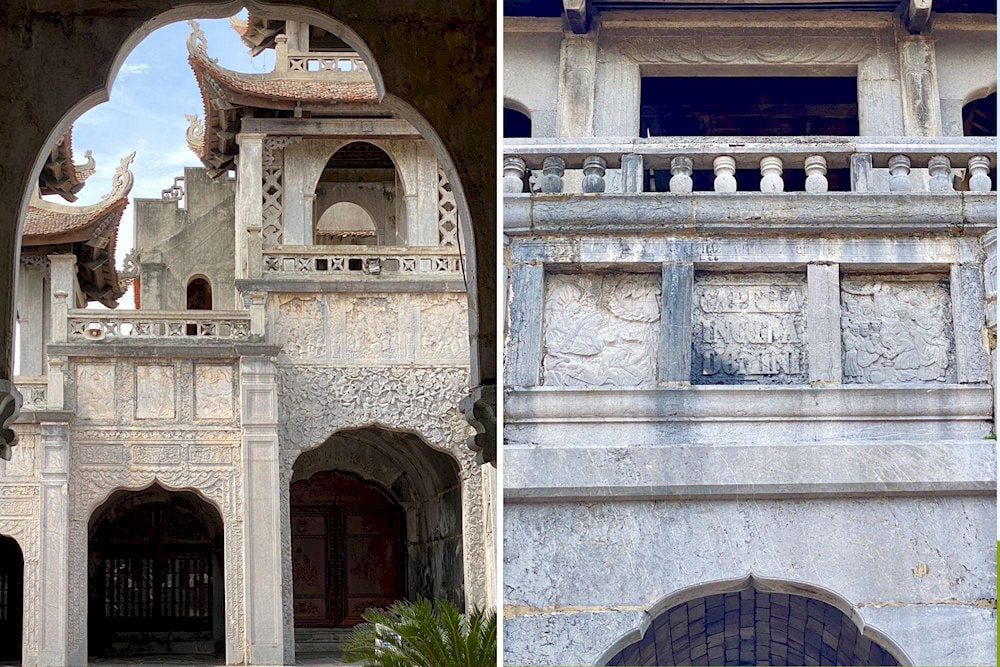 The lower floors outer walls feature bamboo-shaped stone balustrades and bas-reliefs illustrating Jesus' entry into Jerusalem and His ascension